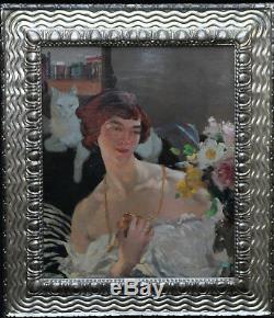 Helen Mackenzie Scottish Art Deco Portrait Woman Cat Oil Painting Art 1888-1966