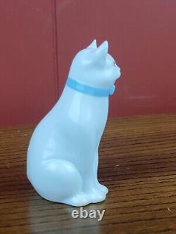 Herend Hungary Handpainted Porcelain Sitting White Cat With Blue Bow Figurine