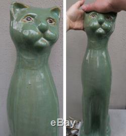 Huge! Pottery vintage glazed jade cat Figurine Art Deco insp what a CHARACTER