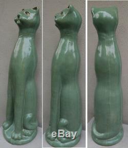 Huge! Pottery vintage glazed jade cat Figurine Art Deco insp what a CHARACTER