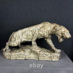 Huge Tiger Sculpture Figurine Glazed Ceramic Thomas Cartier Lion Cat Wild France