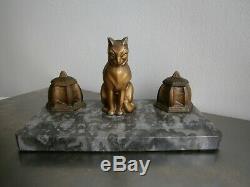 Inkwell Cat Antique Art Deco Marble And Metal Office 1930 Feline Animal