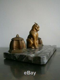 Inkwell Cat Antique Art Deco Marble And Metal Office 1930 Feline Animal