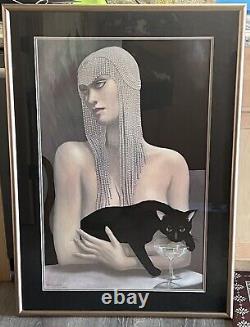 JMW Chrzanoska Solitaire Woman with black cat Professionally Framed