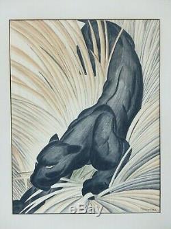 J T Schumauher Black Panther Art Deco Drawing Antique Signed Art Big Jungle Cat