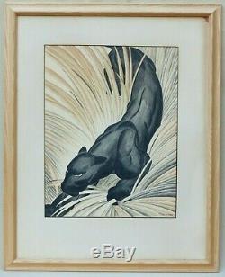 J T Schumauher Black Panther Art Deco Drawing Antique Signed Art Big Jungle Cat