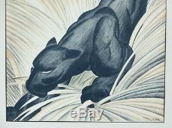 J T Schumauher Black Panther Art Deco Drawing Antique Signed Art Big Jungle Cat