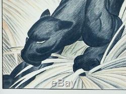 J T Schumauher Black Panther Art Deco Drawing Antique Signed Art Big Jungle Cat