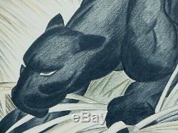 J T Schumauher Black Panther Art Deco Drawing Antique Signed Art Big Jungle Cat