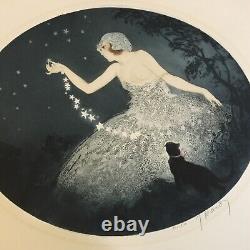 Jean Hardy Art Deco Aquatint Signed Print Starry Night Icart Style Lady & Cat
