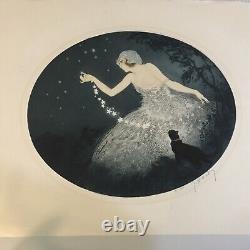 Jean Hardy Art Deco Aquatint Signed Print Starry Night Icart Style Lady & Cat