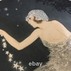 Jean Hardy Art Deco Aquatint Signed Print Starry Night Icart Style Lady & Cat