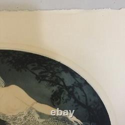 Jean Hardy Art Deco Aquatint Signed Print Starry Night Icart Style Lady & Cat