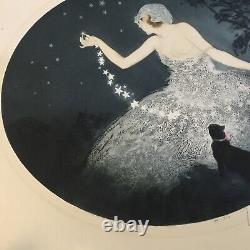 Jean Hardy Art Deco Aquatint Signed Print Starry Night Icart Style Lady & Cat