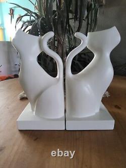 Jonathan Adler Cat Bookend Pair. Art Deco Style White Polymer Set. Siamese Cats