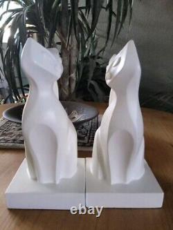 Jonathan Adler Cat Bookend Pair. Art Deco Style White Polymer Set. Siamese Cats