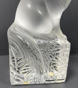 LALIQUE CAT FIGURINE FROSTED ON CLEAR BASE SIGNED MADE IN FRANCE with STICKER