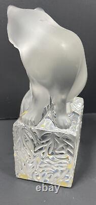 LALIQUE CAT FIGURINE FROSTED ON CLEAR BASE SIGNED MADE IN FRANCE with STICKER