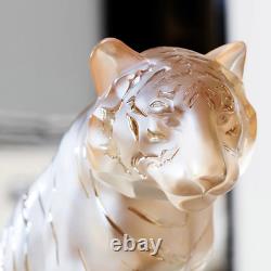 LALIQUE CRYSTAL SITTING TIGER GOLD LUSTER FIGURINE feline cat figure New in Box