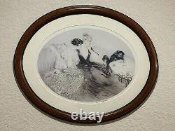 LOUIS ICART1920s TWO WOMEN AND CAT FISHBOWL SIGNED FRAMED OVAL ART PRINT 33x27