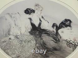 LOUIS ICART1920s TWO WOMEN AND CAT FISHBOWL SIGNED FRAMED OVAL ART PRINT 33x27