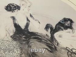 LOUIS ICART1920s TWO WOMEN AND CAT FISHBOWL SIGNED FRAMED OVAL ART PRINT 33x27