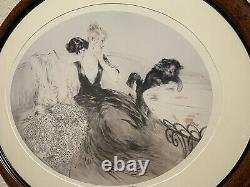 LOUIS ICART1920s TWO WOMEN AND CAT FISHBOWL SIGNED FRAMED OVAL ART PRINT 33x27