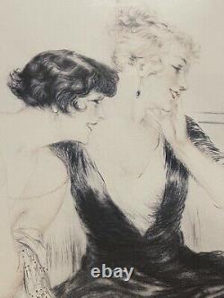 LOUIS ICART1920s TWO WOMEN AND CAT FISHBOWL SIGNED FRAMED OVAL ART PRINT 33x27