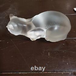 Lalique 9 Long Frosted Crystal Glass Cat Chat Couche #11602 Small Chip On Ear