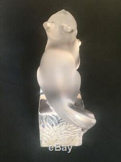 Lalique Crystal Cat Looking Up with Raised Paw on Pedestal Base, Signed
