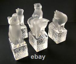 Lalique Crystal Cats / Kittens on Pedestals Set of 5 Frosted Signed Labels MINT