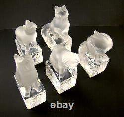 Lalique Crystal Cats / Kittens on Pedestals Set of 5 Frosted Signed Labels MINT