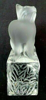 Lalique France Crystal Art Glass Cat on Pedestal Signed Looking Up 11675 MINT