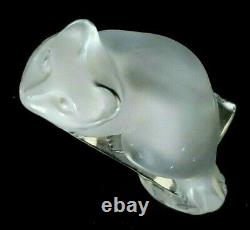 Lalique France Crystal Art Glass Cat on Pedestal Signed Looking Up 11675 MINT