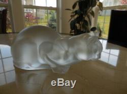 Lalique France Frosted Crystal Glass Crouching Cat Sculpture Mint Vintage