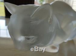 Lalique France Frosted Crystal Glass Crouching Cat Sculpture Mint Vintage