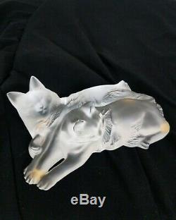 Lalique Happy And Heggie Cat Frosted Clear Crystal Glass Figurine 6.5