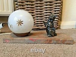 Lamp Art Deco French vintage Cat Glass Globe moon on Marble Base Lamp