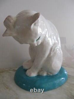 Large Antique France Bavent Pottery Ceramic Terracotta White Cat
