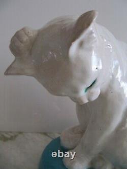 Large Antique France Bavent Pottery Ceramic Terracotta White Cat