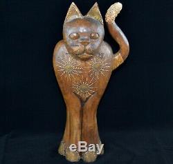 Large Heavy Cat Sculpture Statue Wooden and Brass Art Nouveau Style Deco 19 in