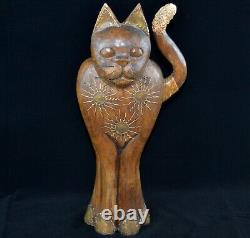 Large Heavy Cat Sculpture Statue Wooden and Brass Art Nouveau Style Deco 19 in