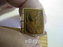 Large Vintage Art Deco 14k 2-tone Gold Cat's Eye Roman Soldier Cameo Ring Sz 10