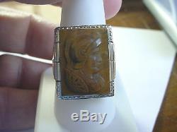 Large Vintage Art Deco 14k 2-tone Gold Cat's Eye Roman Soldier Cameo Ring Sz 10