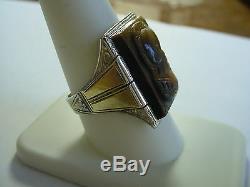 Large Vintage Art Deco 14k 2-tone Gold Cat's Eye Roman Soldier Cameo Ring Sz 10