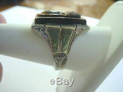 Large Vintage Art Deco 14k 2-tone Gold Cat's Eye Roman Soldier Cameo Ring Sz 10