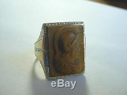 Large Vintage Art Deco 14k 2-tone Gold Cat's Eye Roman Soldier Cameo Ring Sz 10