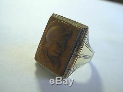 Large Vintage Art Deco 14k 2-tone Gold Cat's Eye Roman Soldier Cameo Ring Sz 10