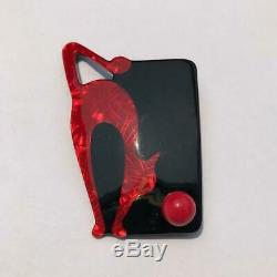 Lea Stein Cat With Ball Art Deco Brooch Pin Red, Black
