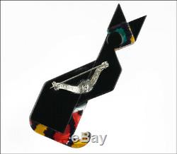 Lea Stein Paris Figural Geometric Art Deco Black Red Egyptian Cat Pet Brooch Pin